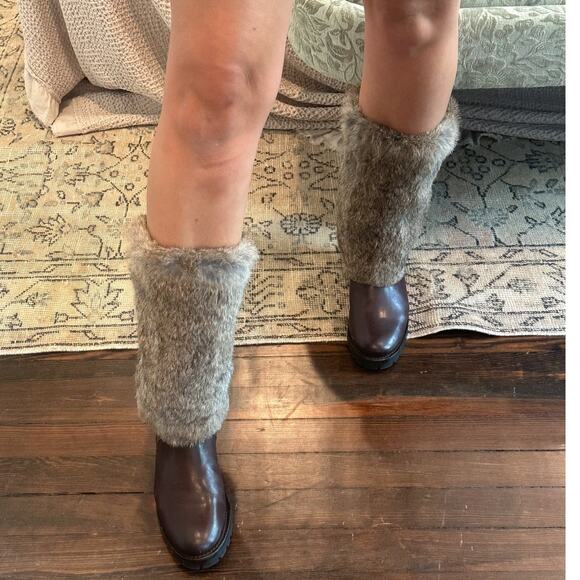 Frye Vintage Natalie Rabbit Fur Cuffed Burgundy Leather Boots 7.5 - Picture 2 of 12